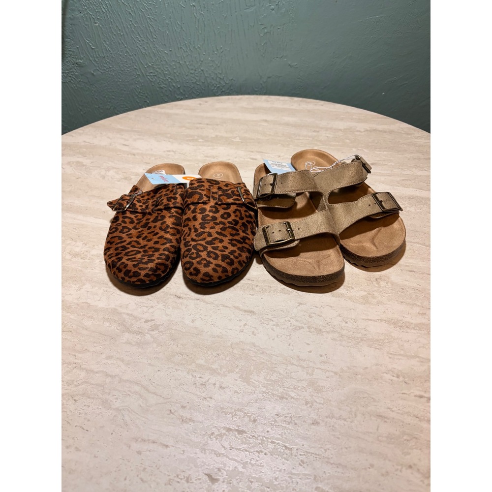 Cat & Jack Girls Size 2 Shoe Bundle Leopard Clogs and Taupe Metallic Sandals NEW